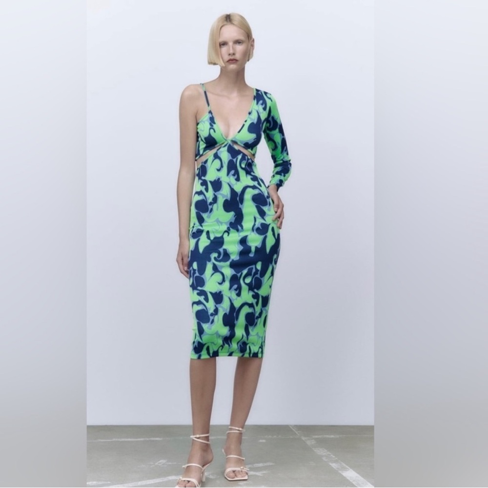NWT ZARA CUT OUT JACQUARD DRESS GREEN / BLUE M